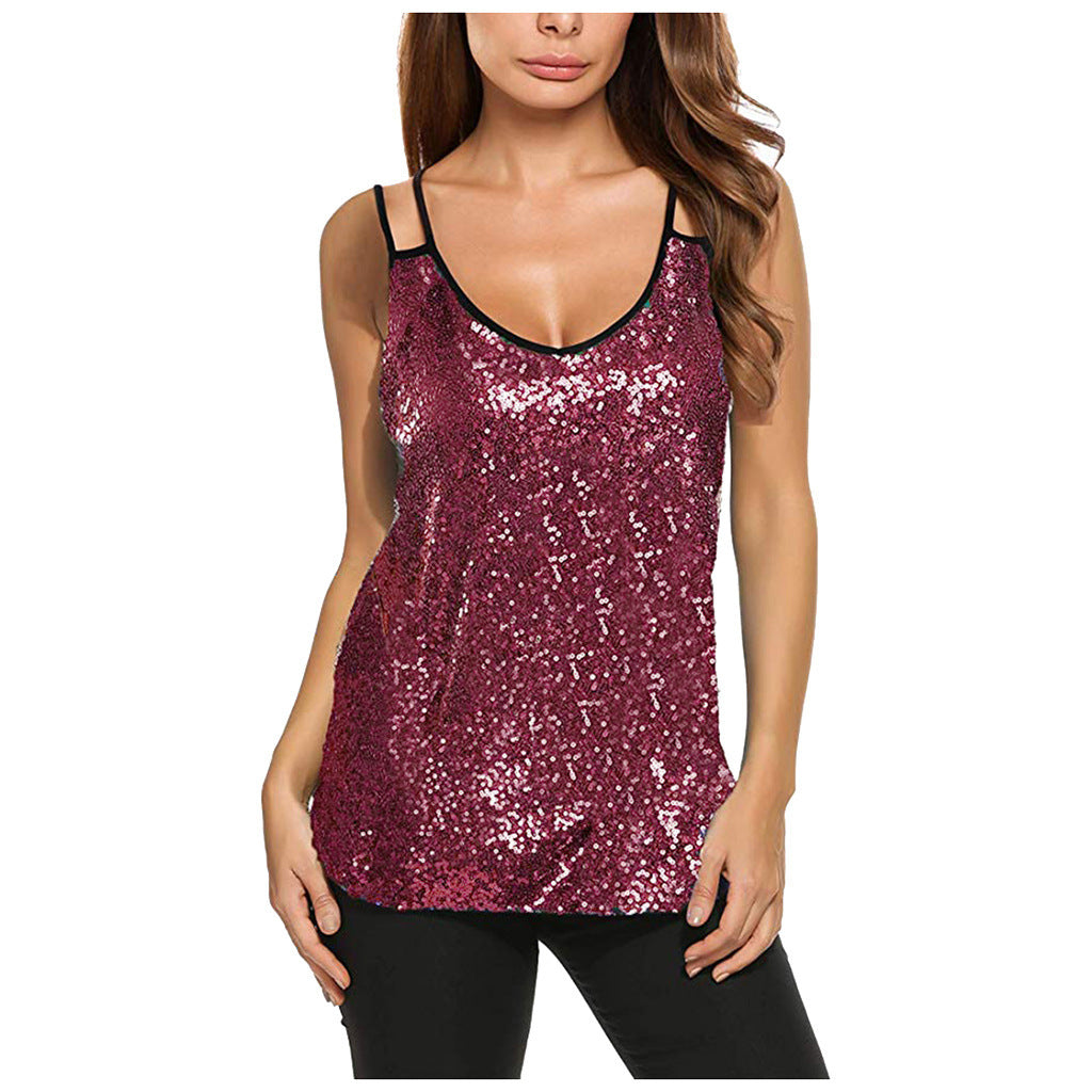 European And American Fashionable Sequins Stitching Straight Slim Fit Strappy T-shirt Women