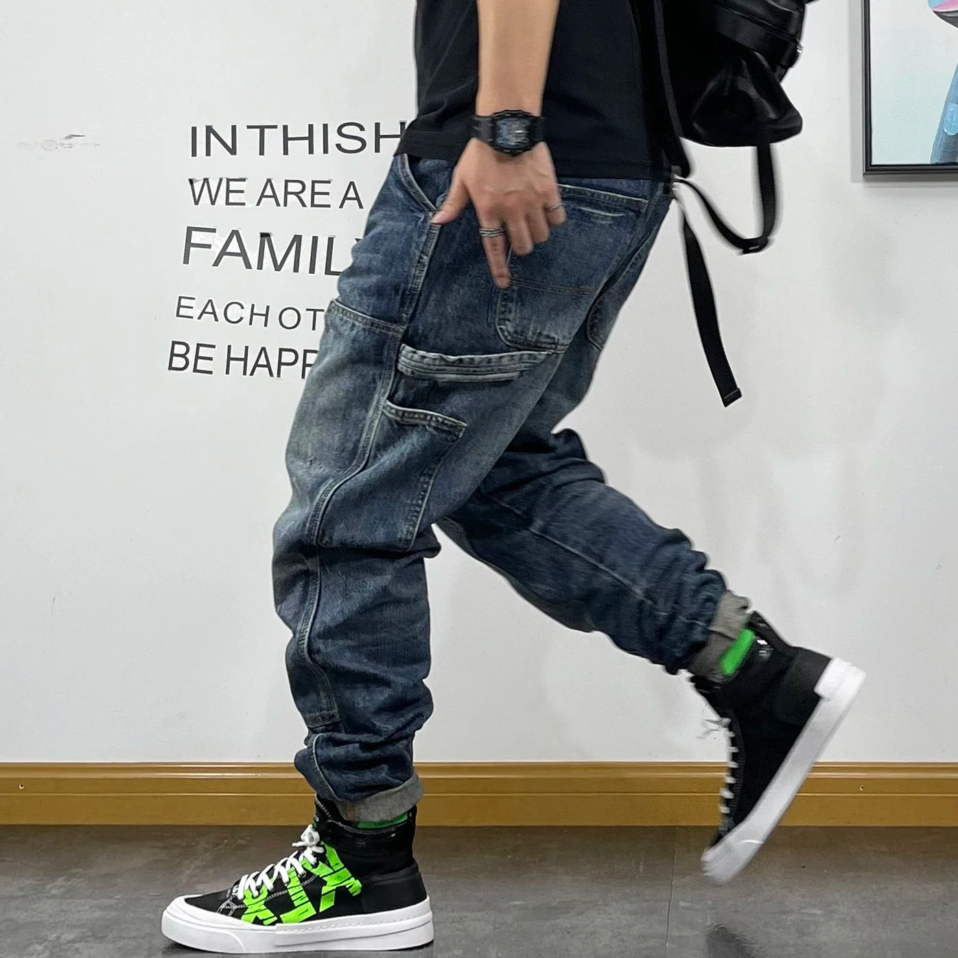 American Fashion Hip Hop Cargo Jeans Streetwear Skateboard Harem Trousers Men