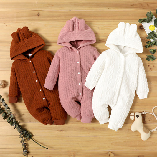 Solid Color Baby Girl Hooded Long Sleeve One-piece Romper