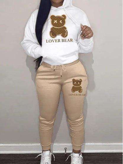 Lovely Bear Letter Print Kangaroo Pocket Tracksuit Set Long Sleeve Hoodie Draw string Trousers Women Two Pieces