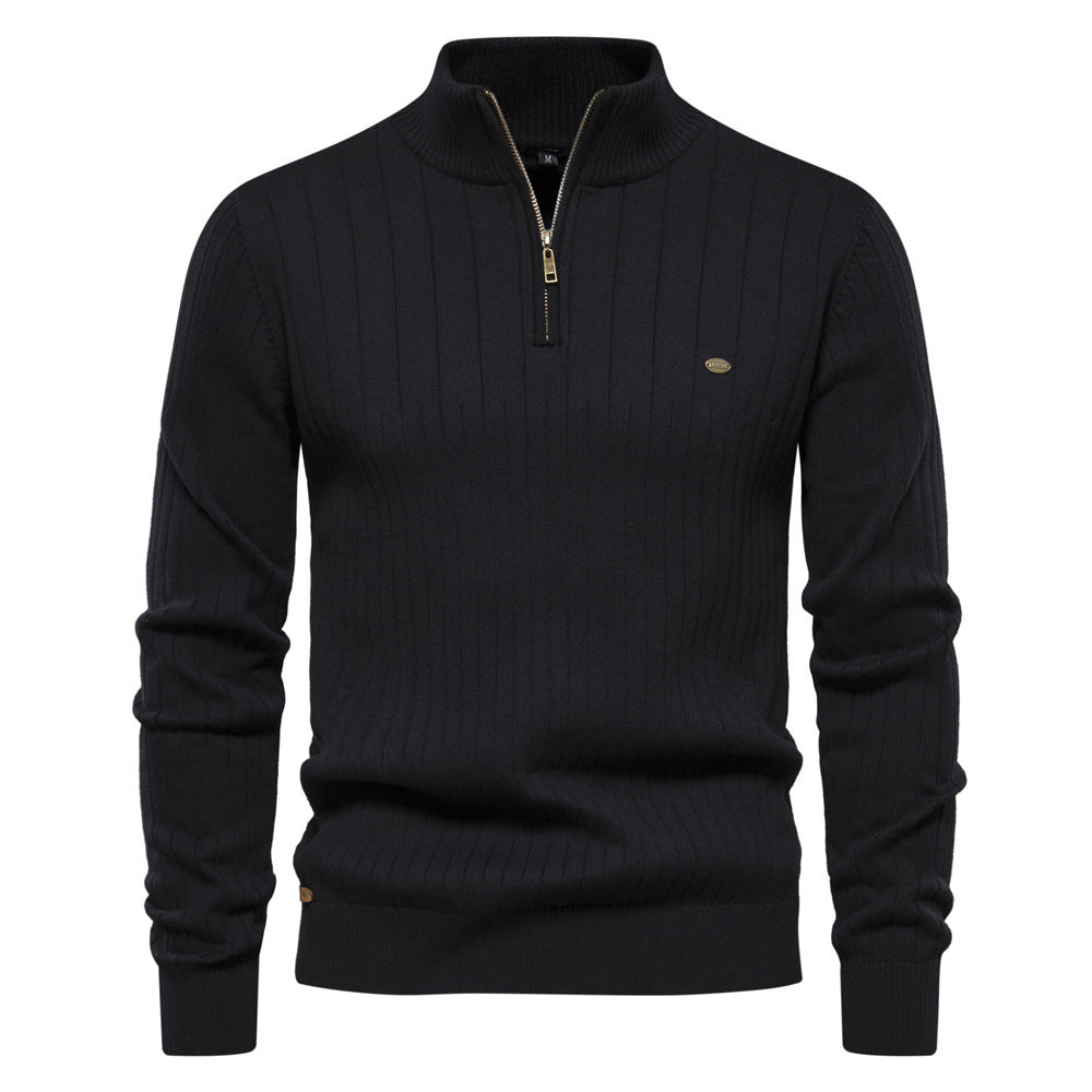 Men's Stand Collar Sweater Fashion Half-zipper Solid Color Striped Knit Sweater High Quality Slim Fit Top Clothing