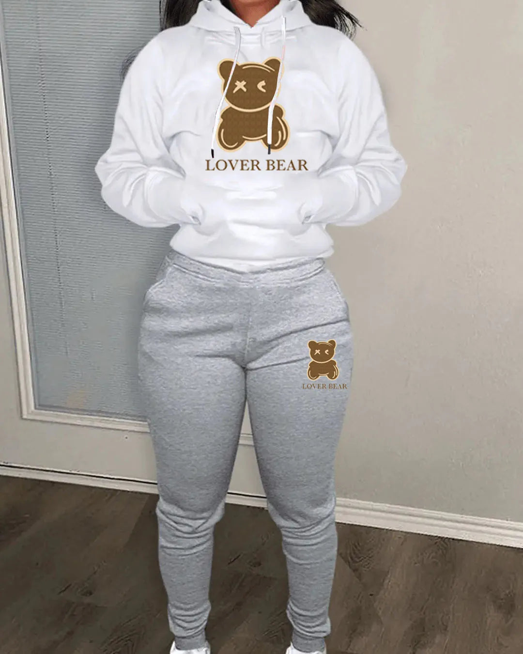 Lovely Bear Letter Print Kangaroo Pocket Tracksuit Set Long Sleeve Hoodie Draw string Trousers Women Two Pieces