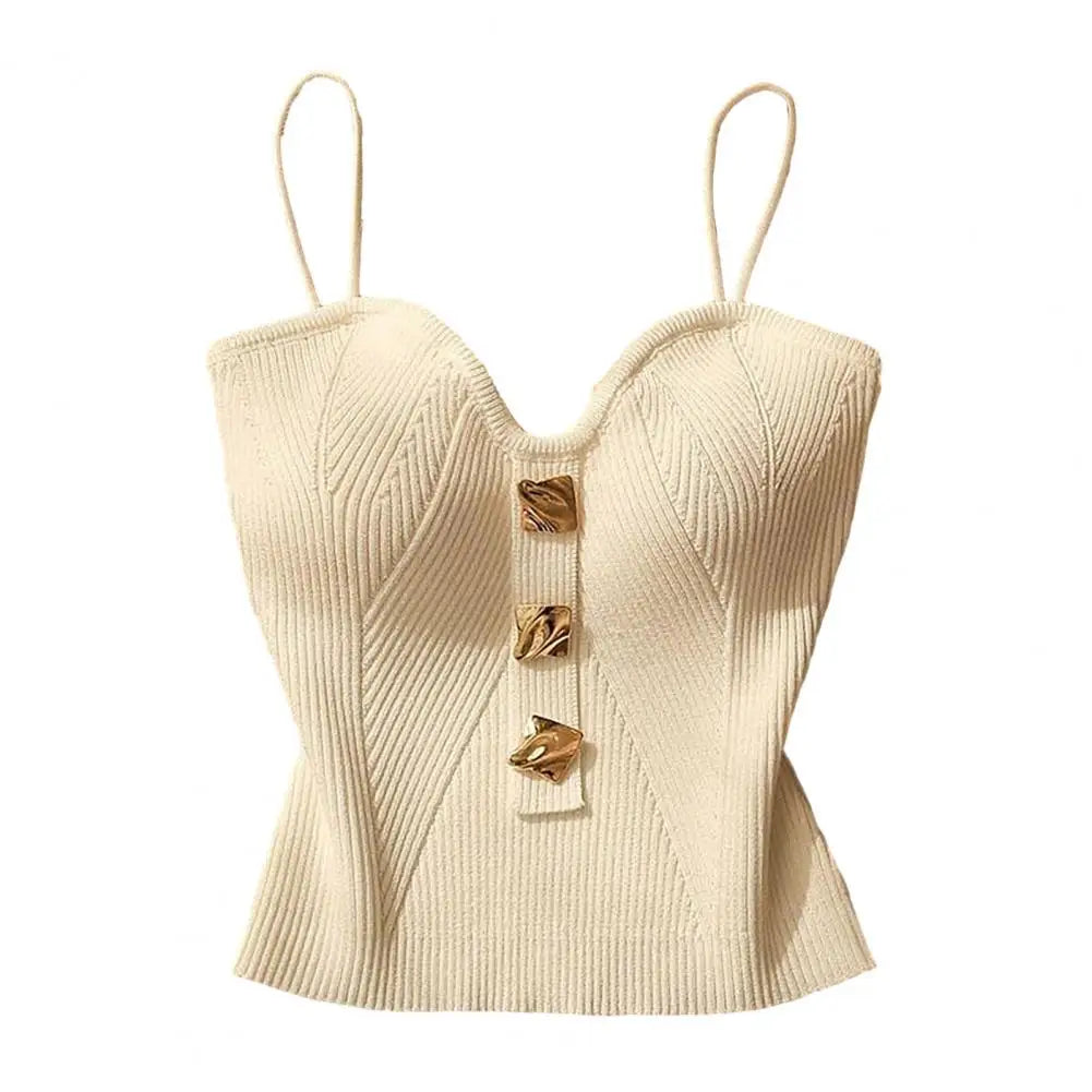 Women Vest Spaghetti Strap Padded Backless Sleeveless Knitted Elastic Solid Color V Neck Button