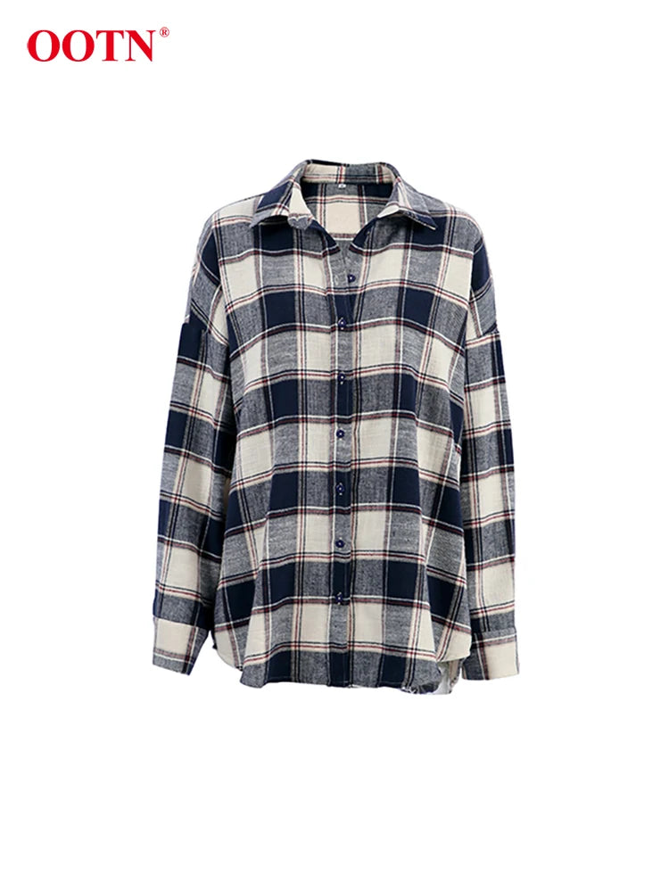 Vintage Plaid Long Sleeve Shirts Female Autumn Office Single Breasted Woman Blouse Fashion Casual Turn Down Collar