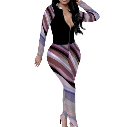 Custom Women's Sexy Front Zip Bodysuit Long Sleeve Jumpsuit