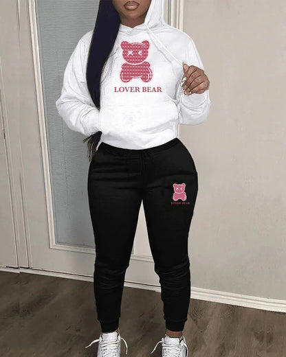 Lovely Bear Letter Print Kangaroo Pocket Tracksuit Set Long Sleeve Hoodie Draw string Trousers Women Two Pieces