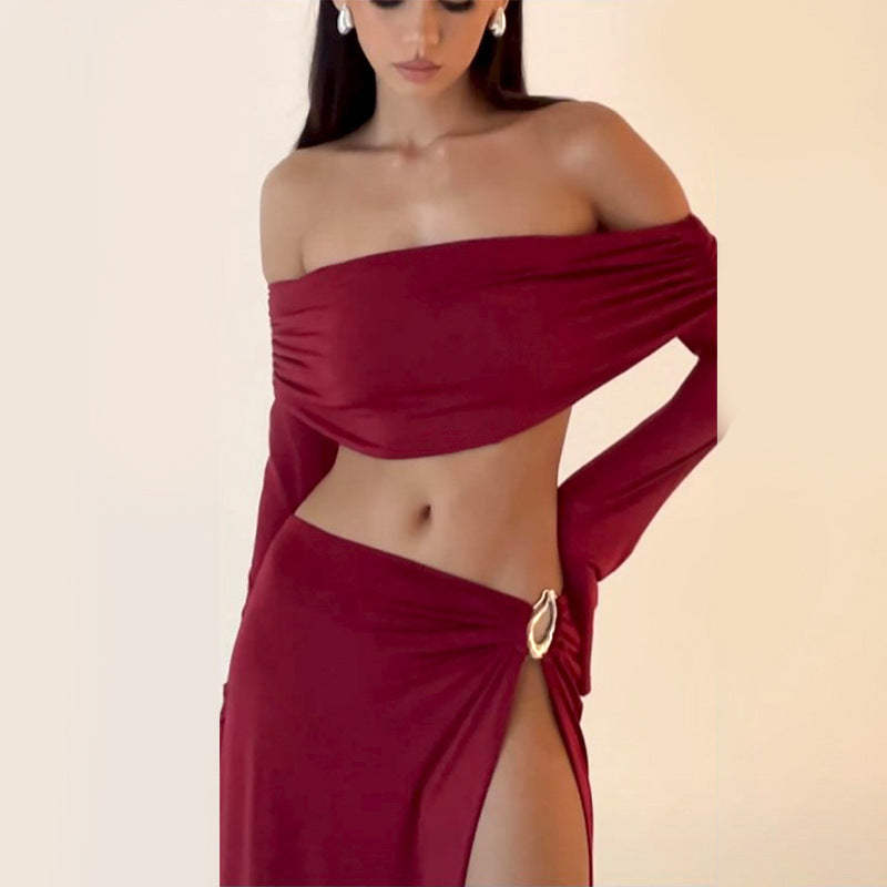 Off-neck Long Sleeve Sexy High Slit Skirt Two-piece Suit